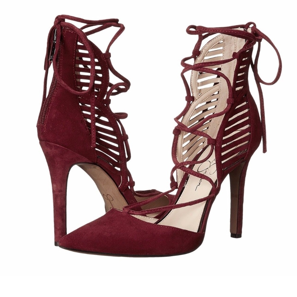 Jessica Simpson Burgundy Lace-Up Strappy Pointed-Toe Heels